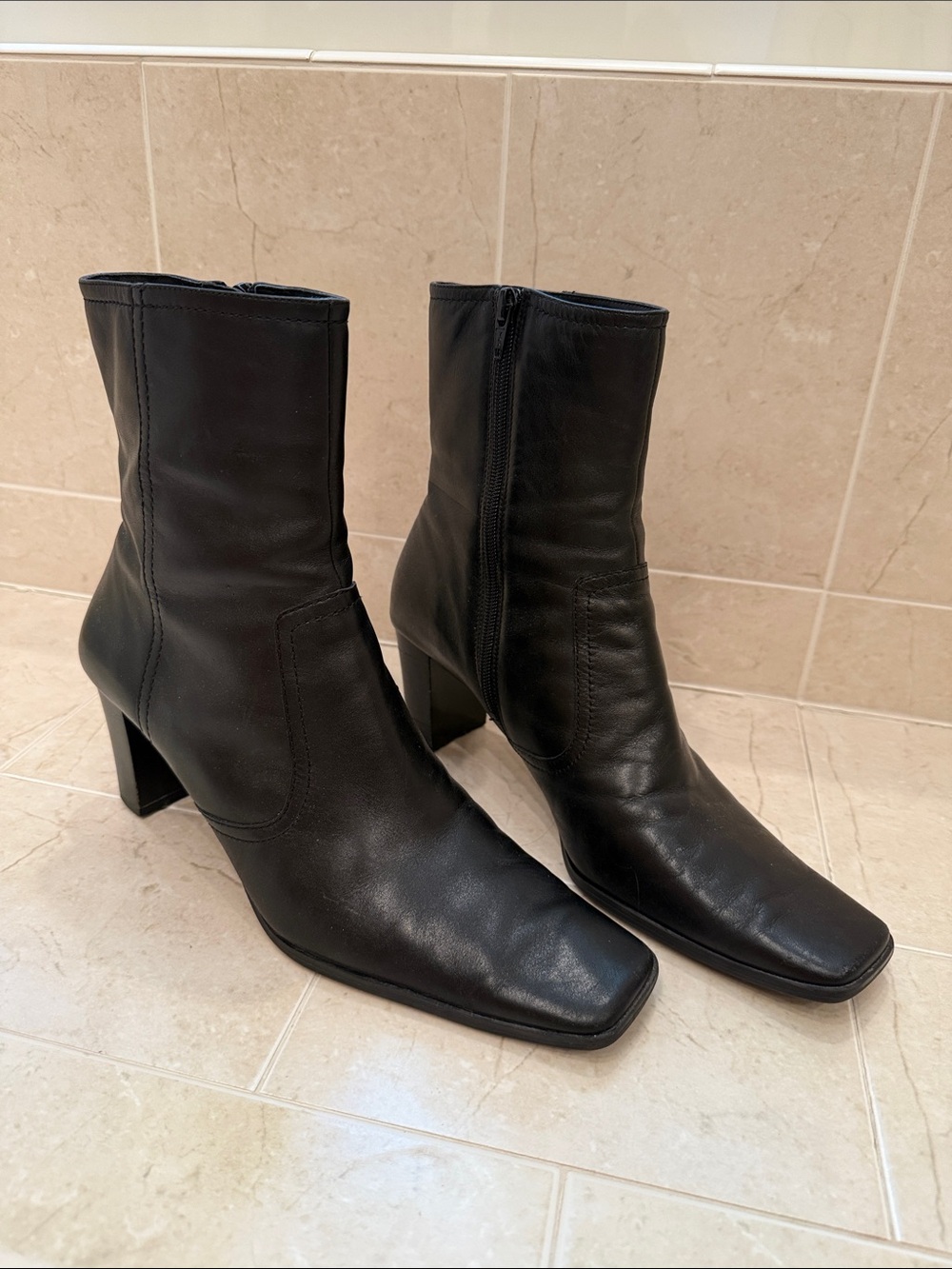 Nine West Black Leather Square-Toe Mid-Calf Boots